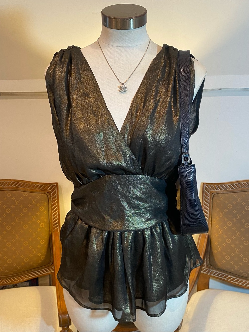 French Connection Black & Gold Metallic Wrap Blouse, Size 8
